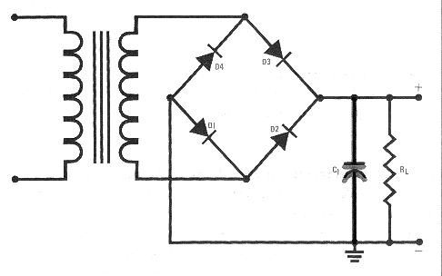 Индуктивно-емкостный фильтр, подсоединённый к схеме мостового выпрямителя